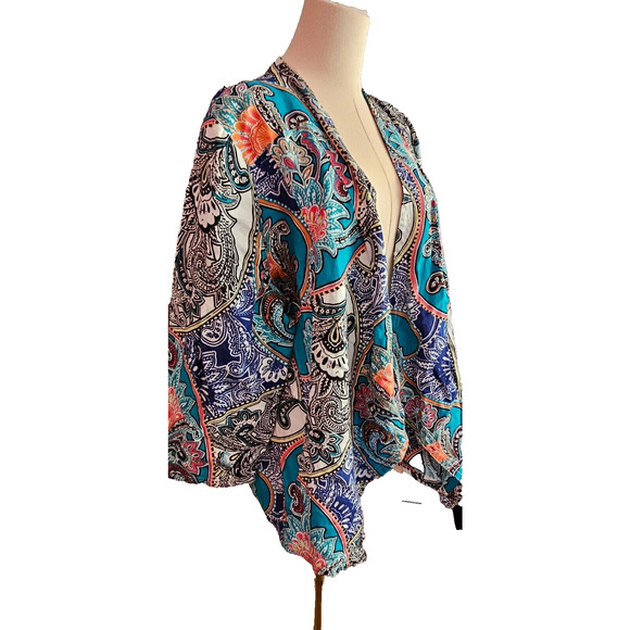 Chico's Paisley 100% Linen Drape Front 3/4 Sleeve Jacket Size 3 XL‎ Teal Blue - Picture 3 of 6